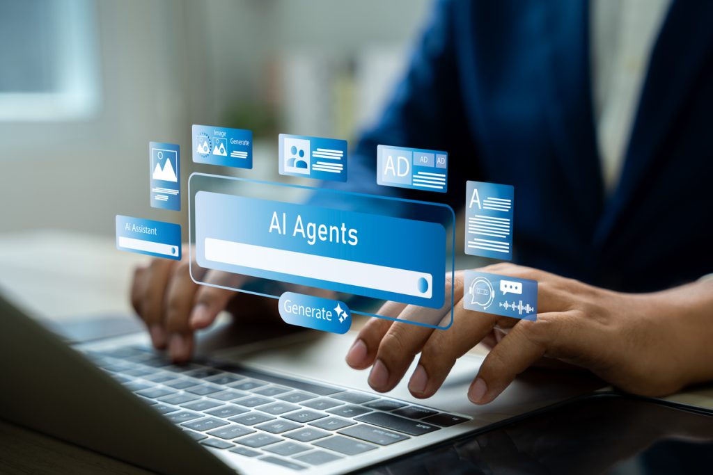 Hands of a person typing on a laptop with an overlay of AI agent icons and a search bar.