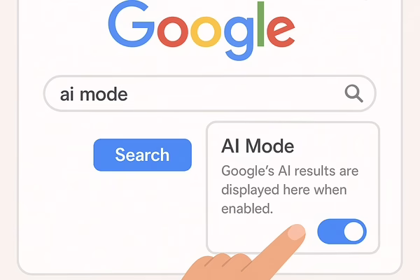 Google Search screen with AI Mode enabled, showing the AI Mode panel and toggle.