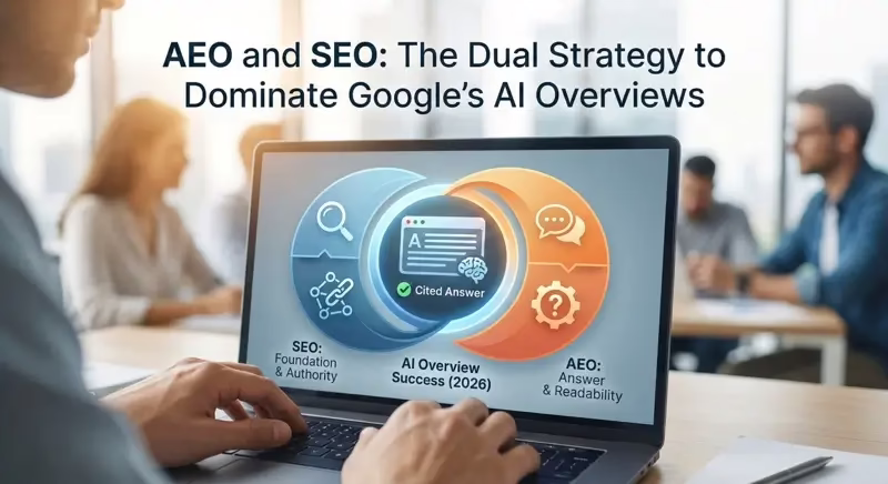 A person in an office setting using a laptop displaying a strategic infographic titled "AEO and SEO: The Dual Strategy to Dominate Google's AI Overviews." The on-screen graphic shows interlocking circles illustrating how SEO (Foundation & Authority) and AEO (Answer & Readability) combine to achieve "AI Overview Success (2026)" and become a designated "Cited Answer."
