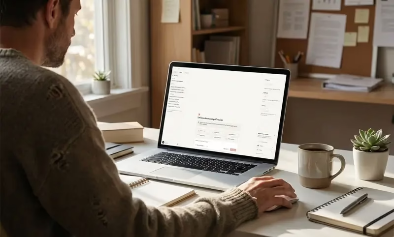 A candid photograph from behind a man in a sweater working on a silver laptop. The screen displays the Claude Desktop interface with MCP, including a "Let's knock something off your list" header and a list of tasks.