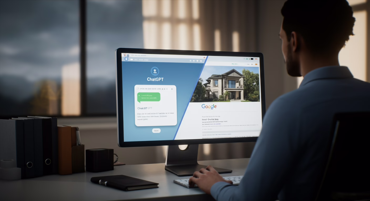 A real estate agent using the ChatGPT interface on a large monitor to research real estate market trends in a modern office.
