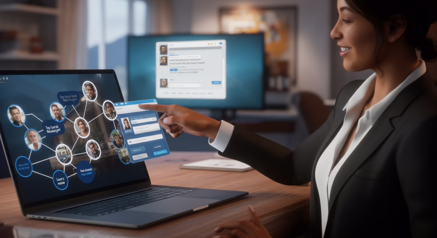 A female real estate agent in a modern office points to a laptop displaying the business's success through knowledge graphs.