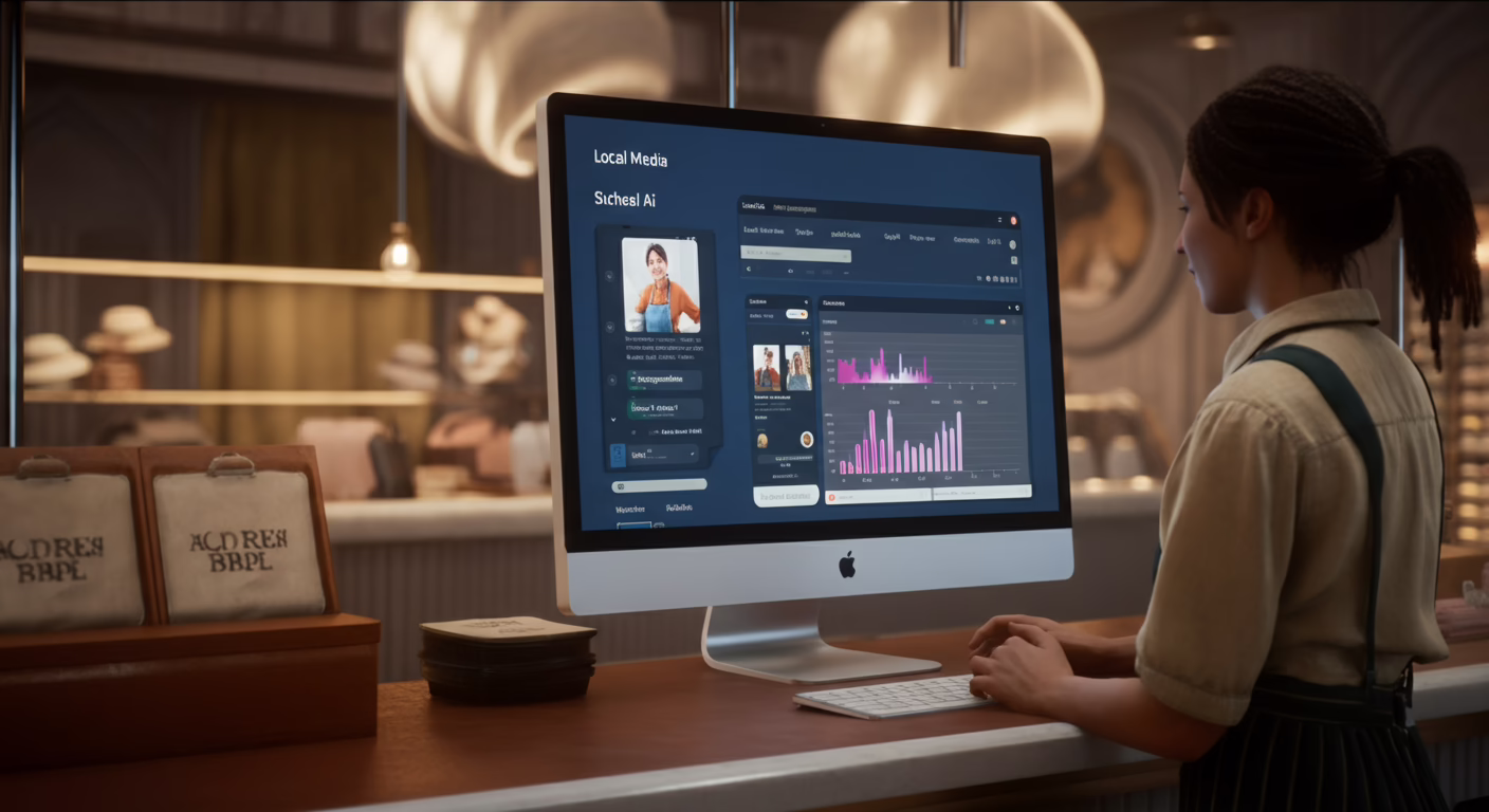 A boutique owner at her counter using a monitor displaying social media tools with AI-generated content suggestions and engagement graphs.